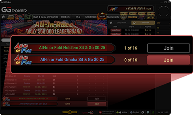 You can access AoF-SnG directly through the AoF tab. Simply choose from the list and join the table you’d like to play