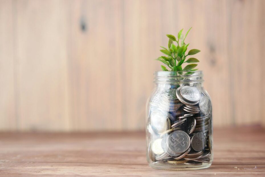 Glass jar of coins with a small green plant growing out of it, a picture of building a poker bankroll slowly