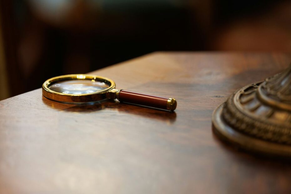 Brass magnifying glass resting on a polished wooden desk, a picture of inspecting a table closely before sitting down